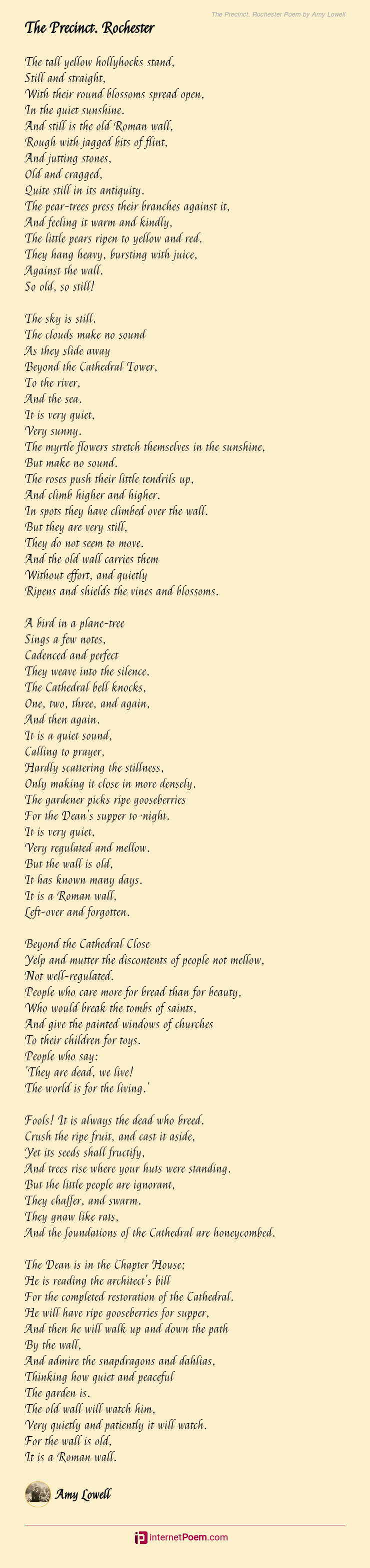 The Precinct. Rochester Poem by Amy Lowell