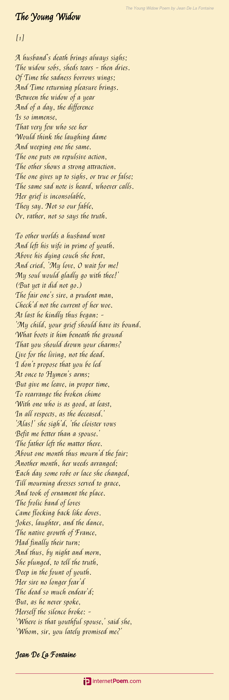 The Young Widow Poem by Jean De La Fontaine