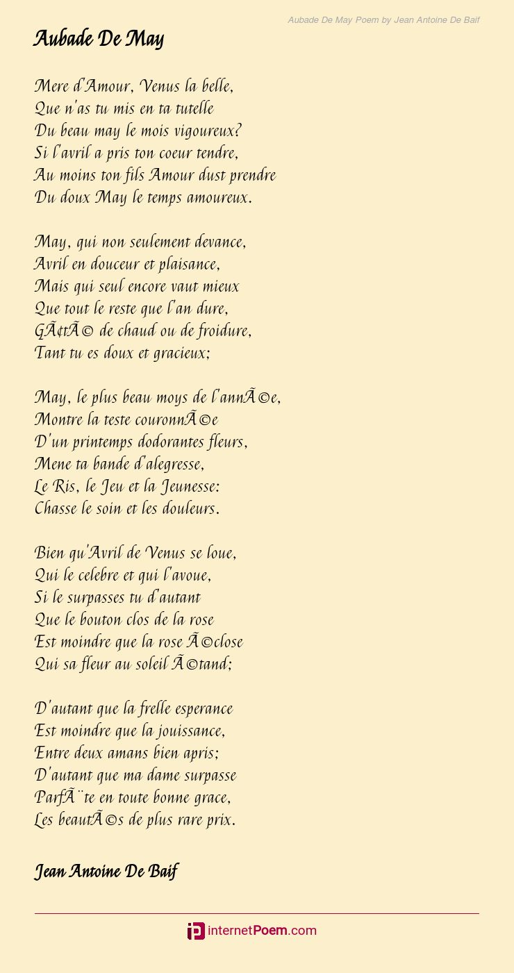 Aubade De May Poem by Jean Antoine De Baif