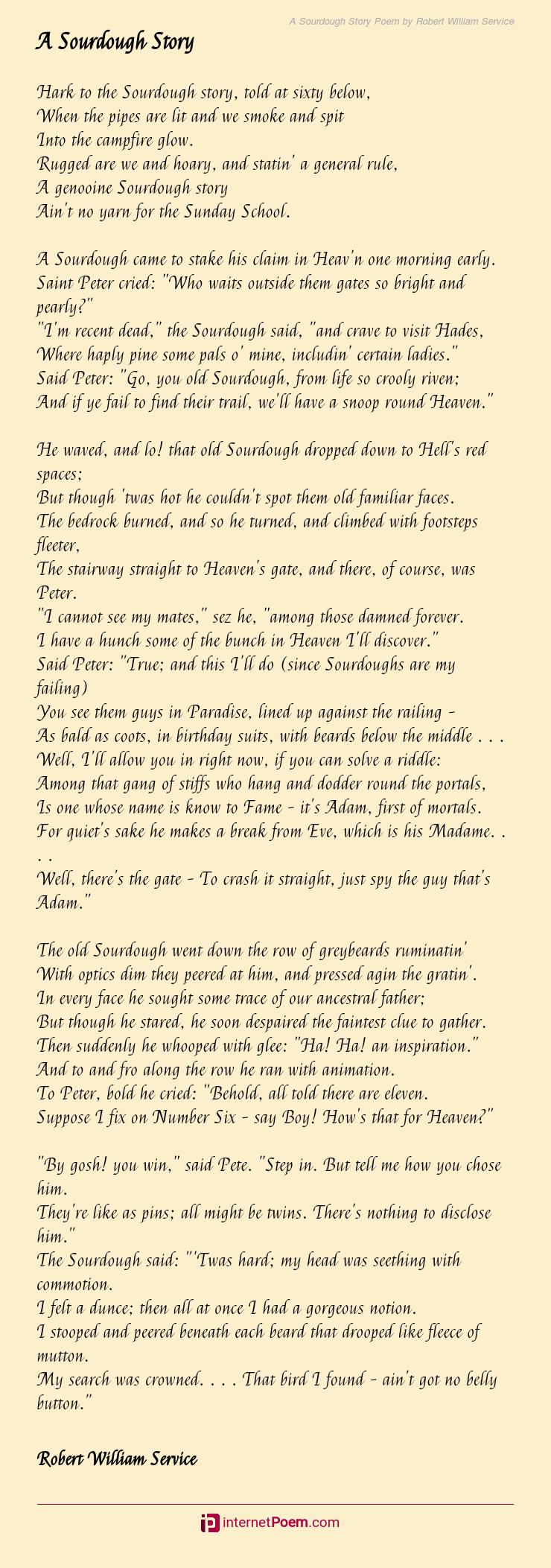 A Sourdough Story Poem By Robert William Service