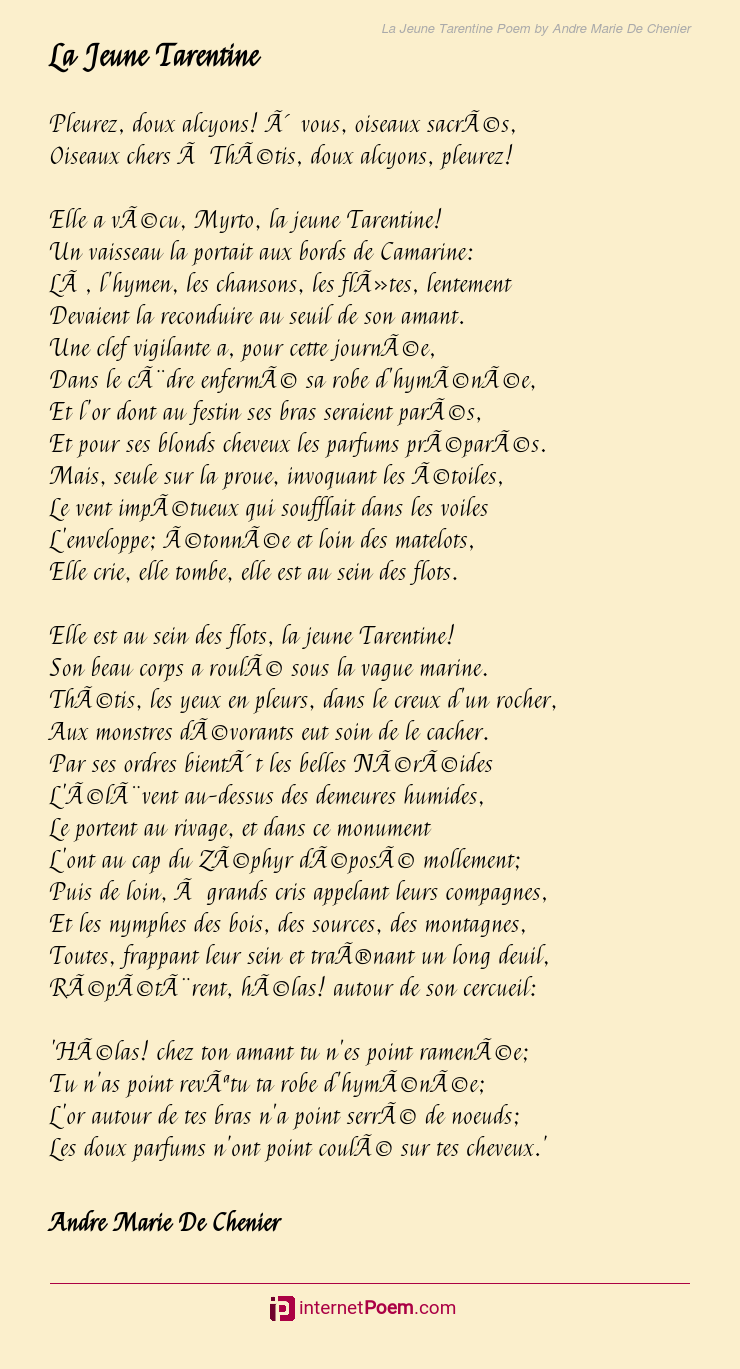 La Jeune Tarentine Poem By Andre Marie De Chenier 3213