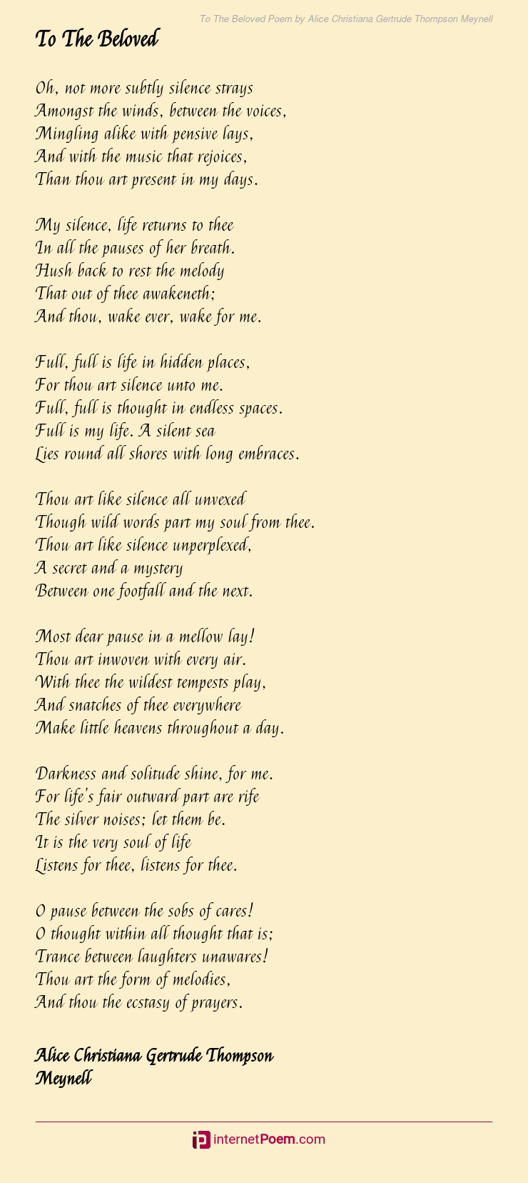 To The Beloved Poem By Alice Christiana Gertrude Thompson Meynell