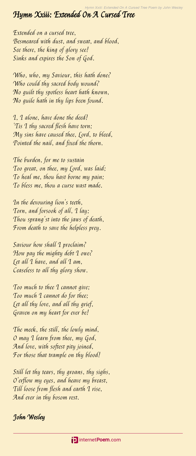 Hymn Xxiii: Extended On A Cursed Tree Poem by John Wesley