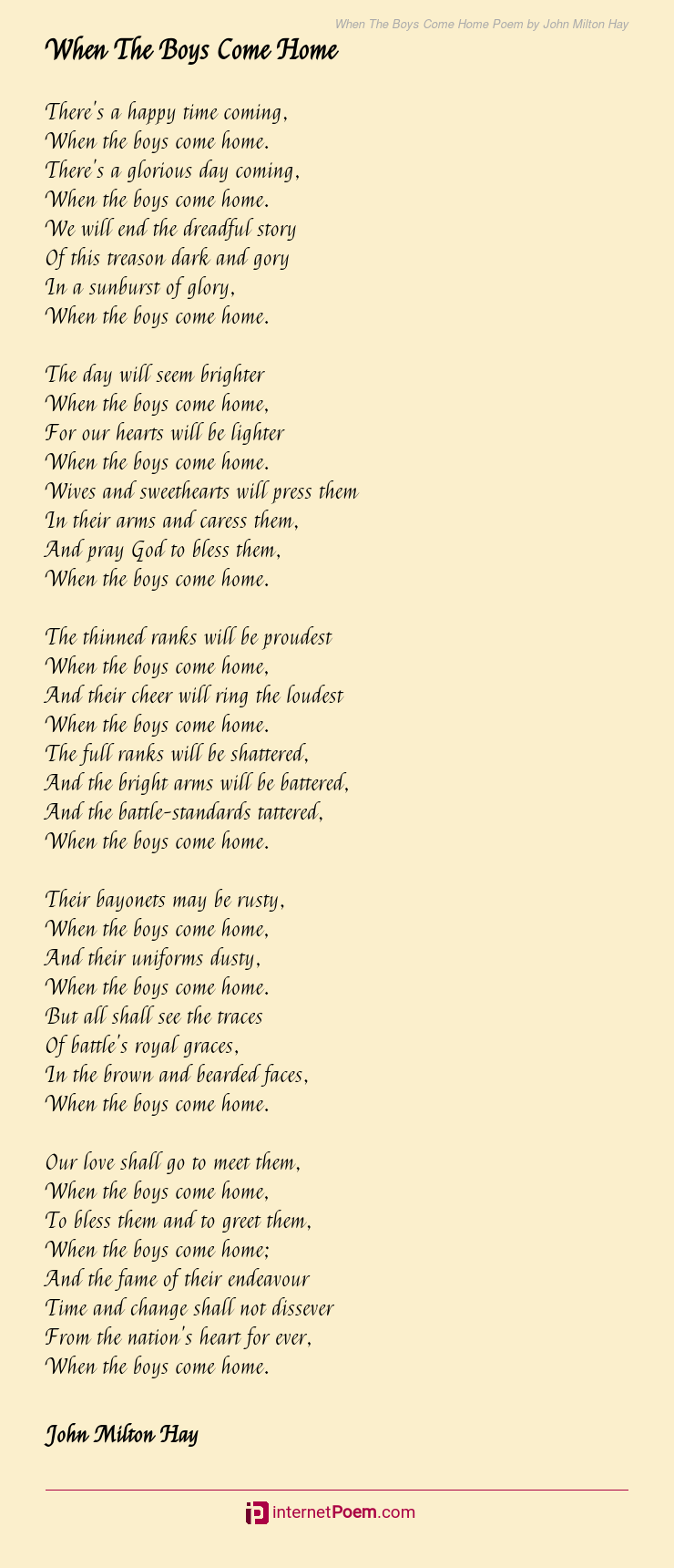 When The Boys Come Home Poem by John Milton Hay