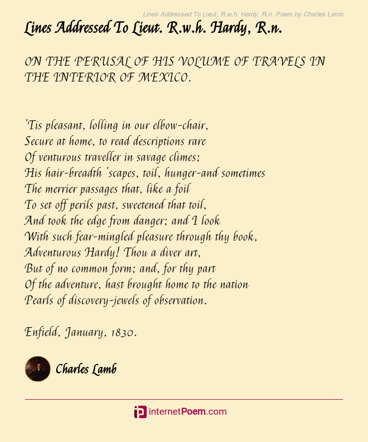 Lines Addressed To Lieut R W H Hardy R N Poem By Charles Lamb