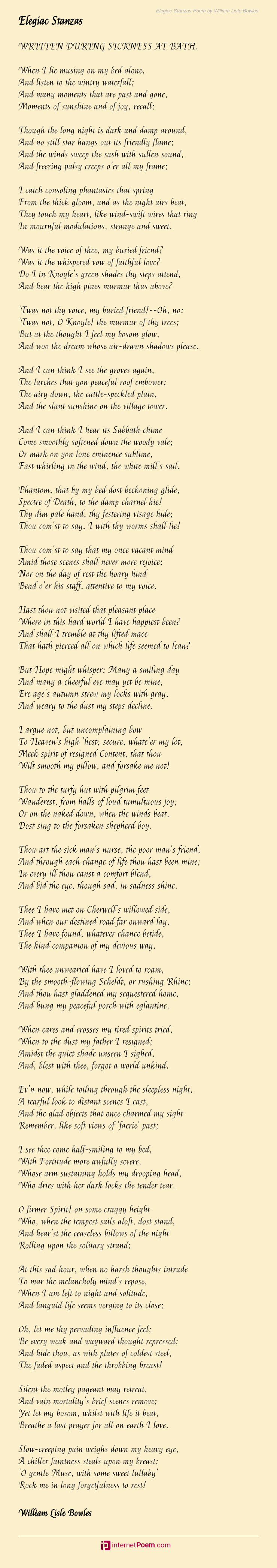 Elegiac Stanzas Poem By William Lisle Bowles