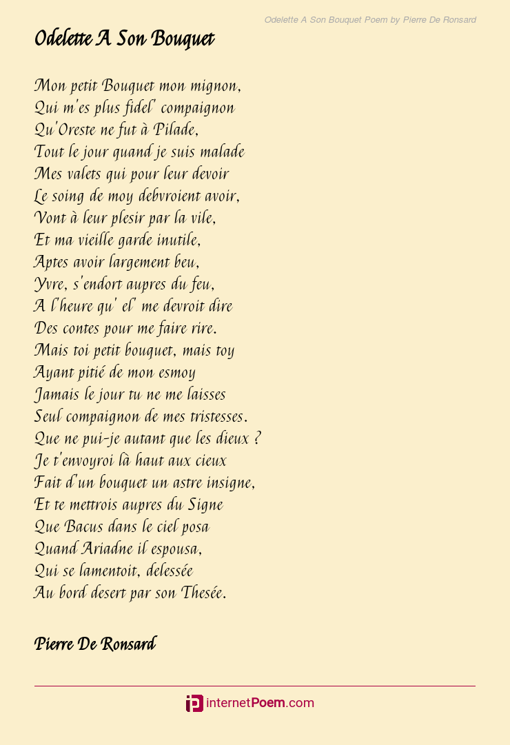 Odelette A Son Bouquet Poem by Pierre De Ronsard